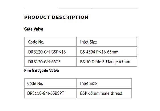 gate valve fire bridgade valve spec